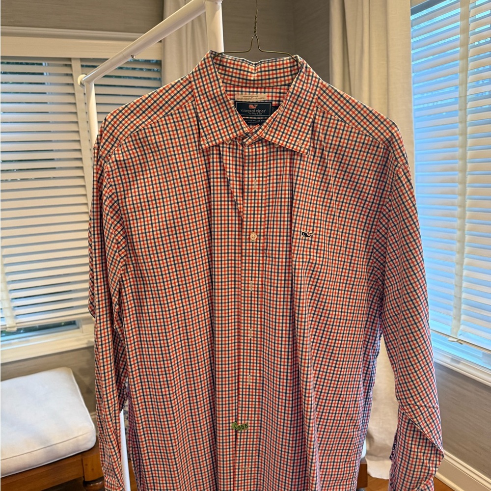 Vineyard Vines Men's Red and Blue Checkered Button-Down Shirt